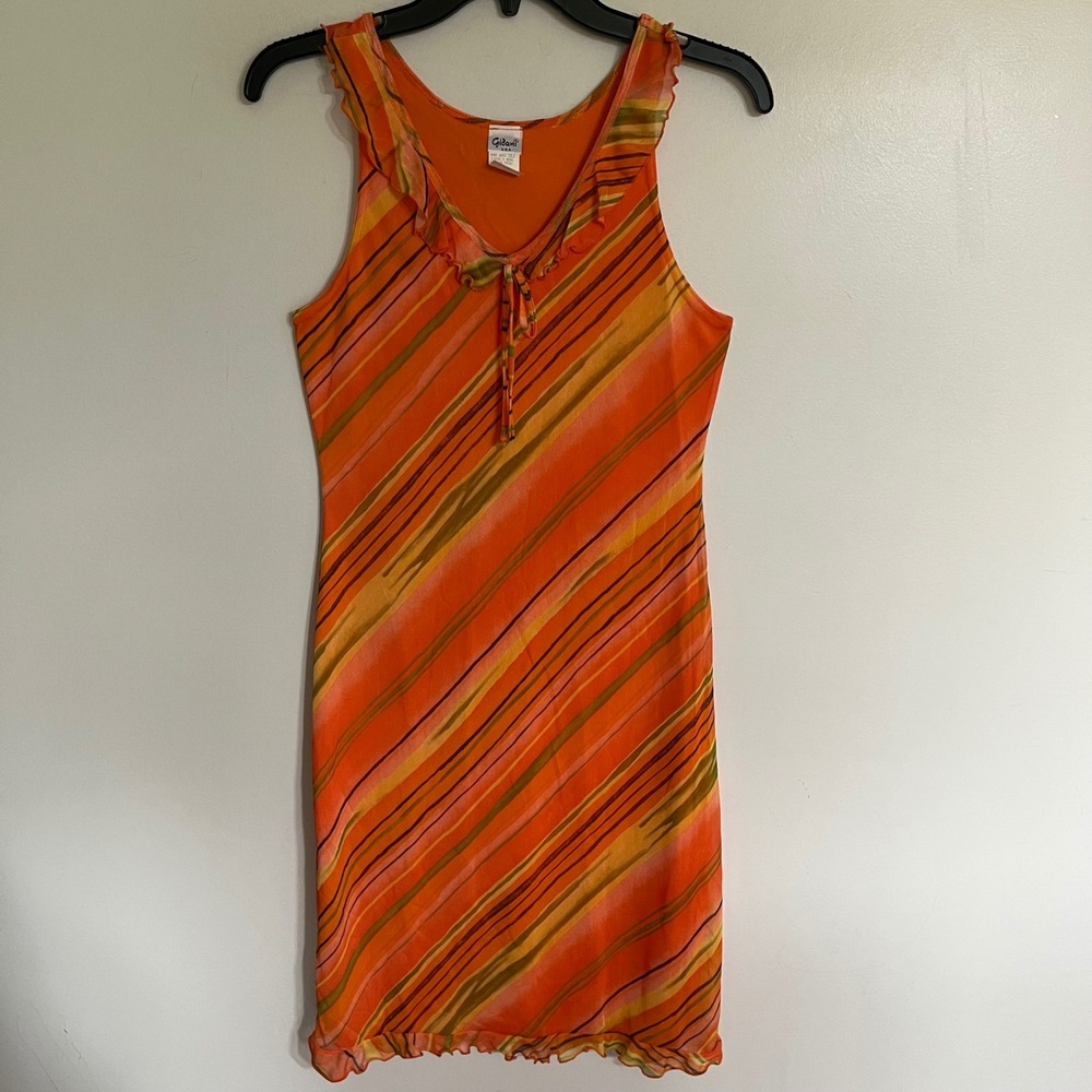 Gidani USA Orange Striped Mesh Overlay Ruffle‎ Dress Sleeveless Y2K Size Medium